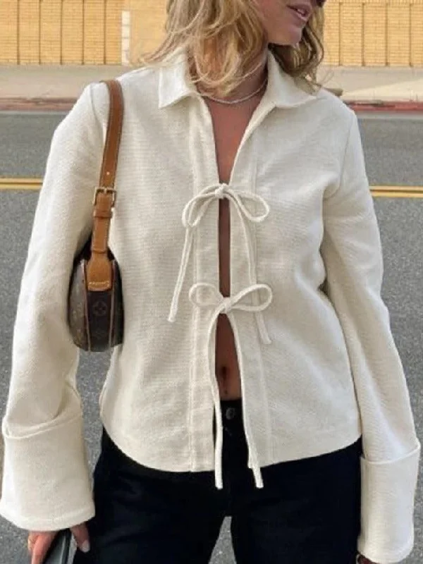 Solid Color Lace Up Cardigan Long Sleeve Blouse Zippered Buttoned Snapped