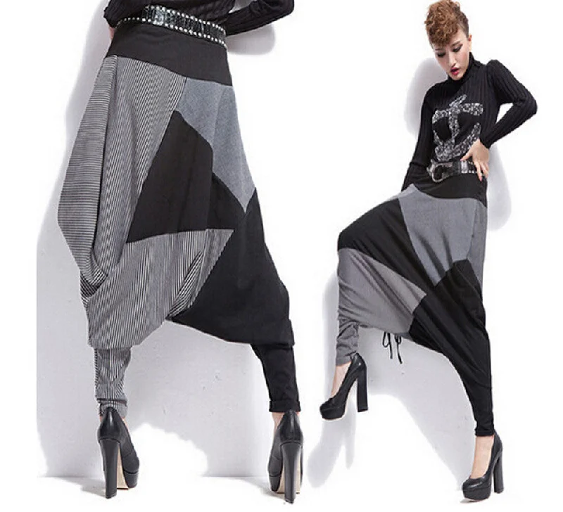 Fashion Casual Women Loose Pants Cotton Blend Patchwork Striped Color Cross pants Top Trousers Trousers Solid Black