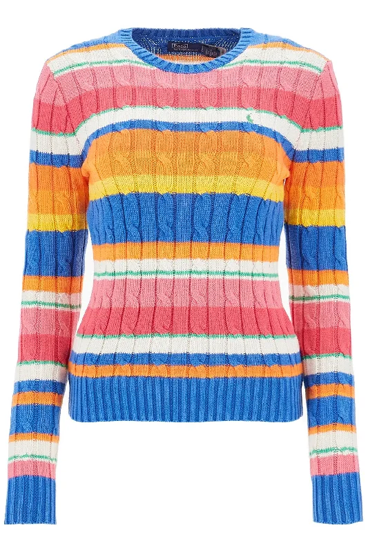 Cotton Crewneck Sweater With Braided Design  - Multicolor Boat Neck Shawl Collar Notched Collar