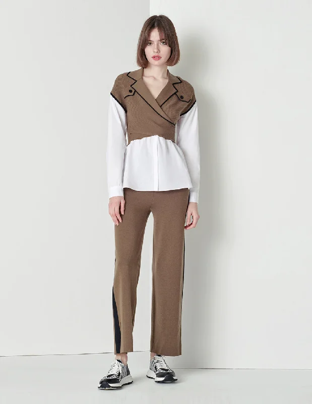 MARYLING Beige tie rope black edge wide-leg knitted trousers Cropped Trousers Casual Linen