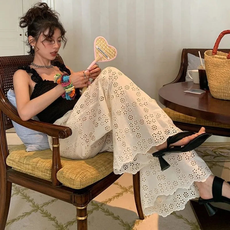 Advbridge  -  Women's Design Lace Hollow Casual Wide Leg Pants Summer New Chic Vintage Fashion Female High Waist A-line Loose Trousers 4XL Trousers fashionable trendy