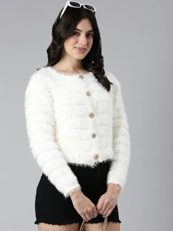 Women Solid Crop Cream Cardigan-CHN-9390-Cream Neon metallic Matte