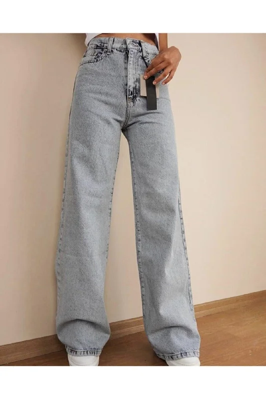 Q Power Lycra Women's Light Blue Snow Wash High Waist Wide Leg Denim Jeans Trousers Lvk-001040a Trousers fashionable chic