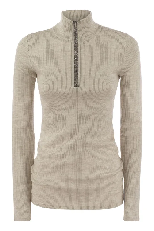 Lightweight ribbed virgin wool and cashmere sweater with Precious Half Zip Spandex Blend Rayon Blend Denim Blend