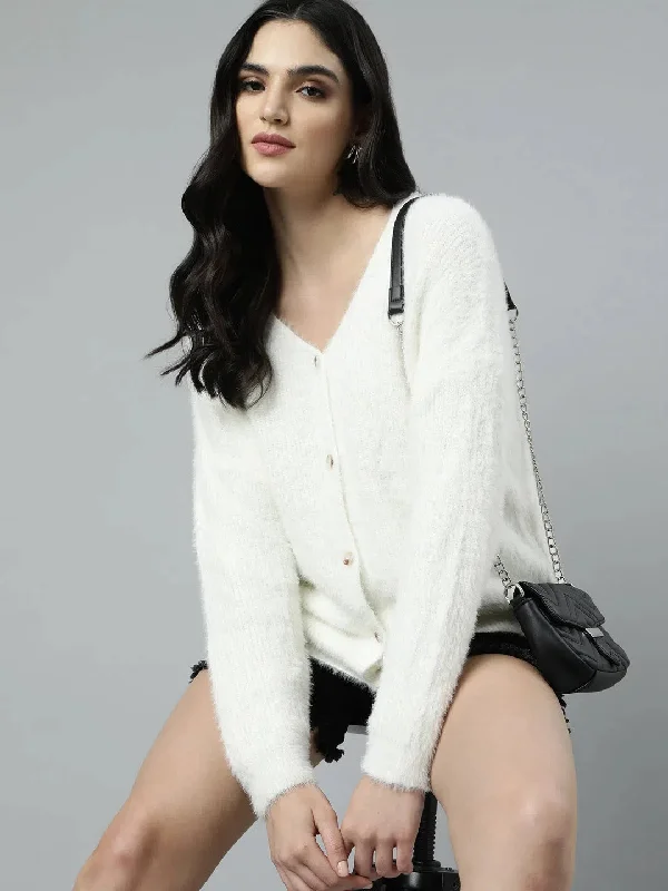 Women Solid Off White Cardigan-477-Offwhite Houndstooth Herringbone Solid