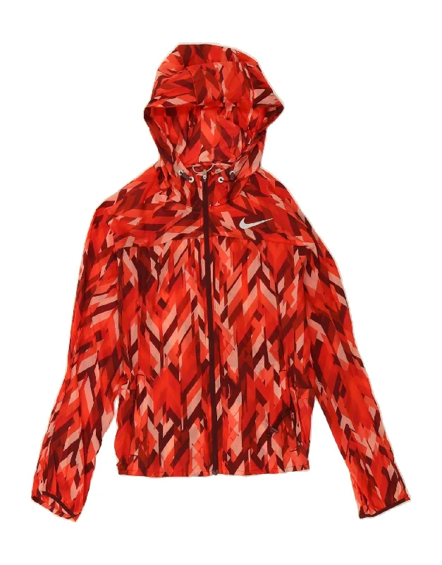 NIKE Womens Hooded Rain Jacket UK 6 XS Red Geometric Nylon Print Jacket Jacquard Jacket Embroidered Jacket NIKE Womens Hooded Rain Jacket UK 6 XS Red Geometric Nylon Print Jacket Jacquard Jacket Embroidered Jacket