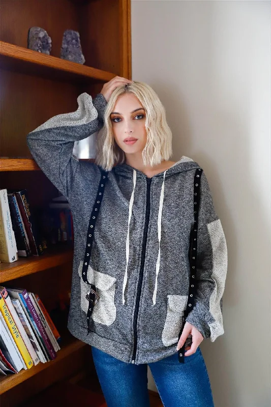 Charcoal Contrast Belt & Reversed Details Zip-Up Hoodie Sweatshirt /2-2-2 Hoodie with Frayed Bohemian Relaxed Charcoal Contrast Belt & Reversed Details Zip-Up Hoodie Sweatshirt /2-2-2 Hoodie with Frayed Bohemian Relaxed