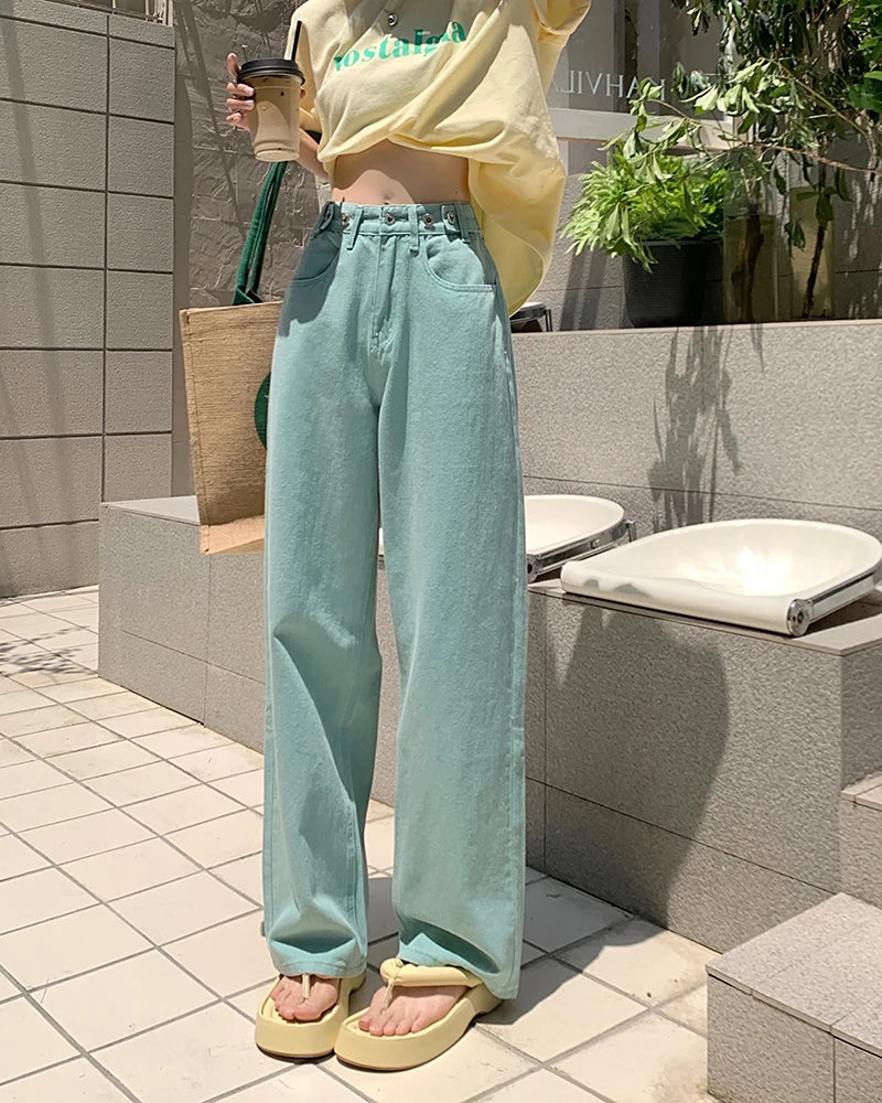 Advbridge  -  S-XL 2Colors Summer Woman high wiast Loose jeans streetwear trouser casual Green Wide leg Long denim pants womens(72968 Trousers Essential Wardrobe