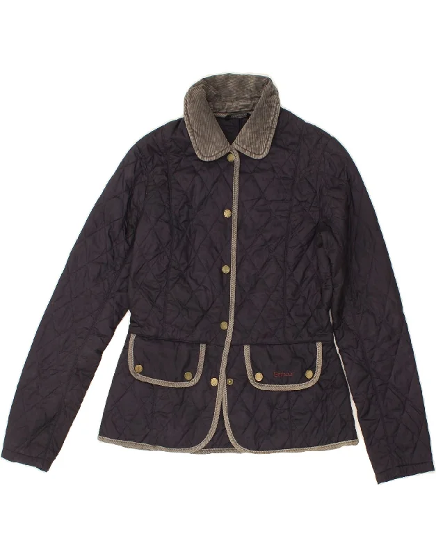 BARBOUR Womens Quilted Jacket UK 8 Small Navy Blue Notch Collar Peter Pan Collar Cowl Neck