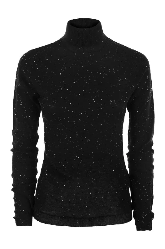 Turtleneck sweater with micro sequins Open Front Closed Front Wrap Front