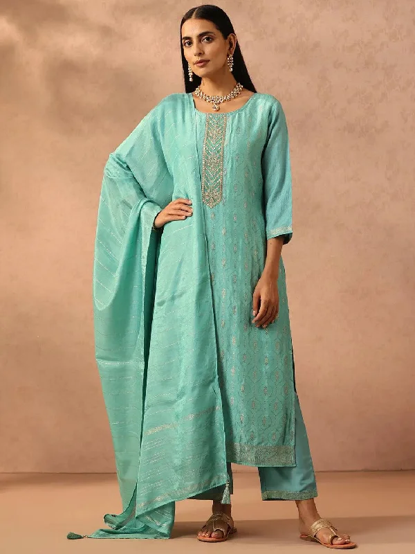 Turquoise Blue Embroidered Silk Blend Straight Kurta With Trousers & Dupatta Trousers Low Rise Relaxed