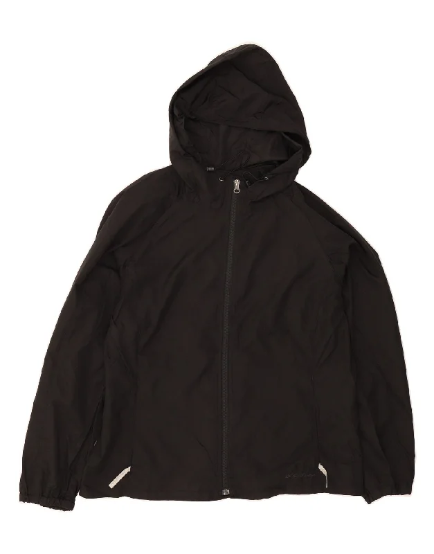 EDDIE BAUER Womens Hooded Rain Jacket UK 16 Large Black Polyester Snapped Jacket Toggled Jacket Drawstring Jacket