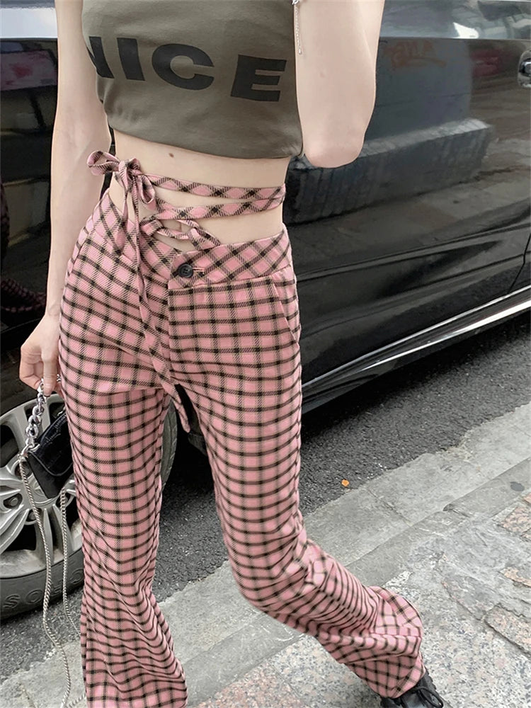 Advbridge  -  Women's Lace Up Design Vintage Plaid Pattern Casual Pants Fashion Girls Female High Waisted Skinny Straight Thin Trousers Trousers cozy soft