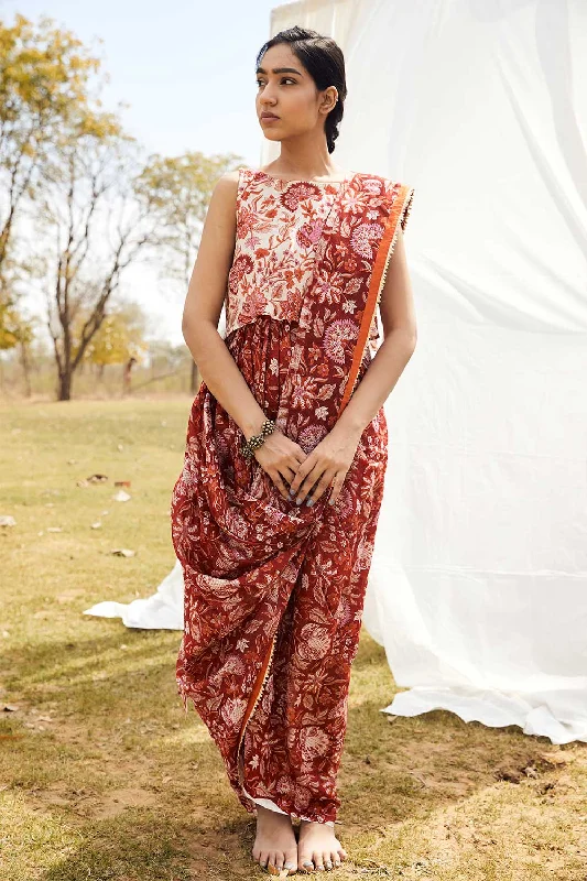 Block Printed Red Saree Dress