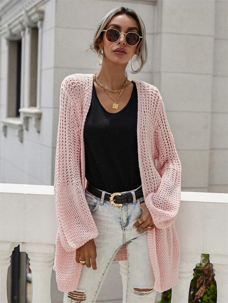 FASHION SOLID COLOR CARDIGAN FLARED SLEEVE SWEATER Fitted Slim Tailored