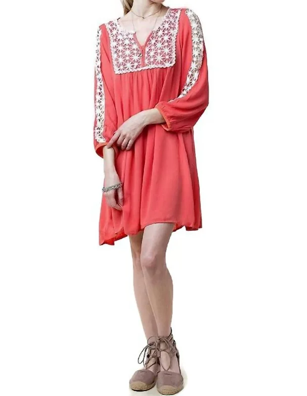 Lace Peasant Dress In Coral