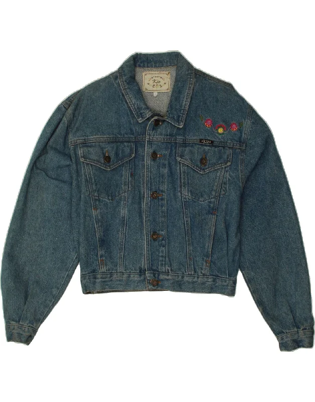 VINTAGE Womens Crop Denim Jacket UK 10 Small Blue Floral Cotton Satin Jacket Silk Jacket Chiffon Jacket