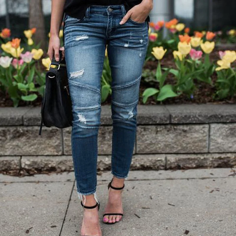 Women Denim Skinny Pants Ripped Destroyed Pleated Stretch Jeans Slim Pencil Trousers Trousers versatile functional