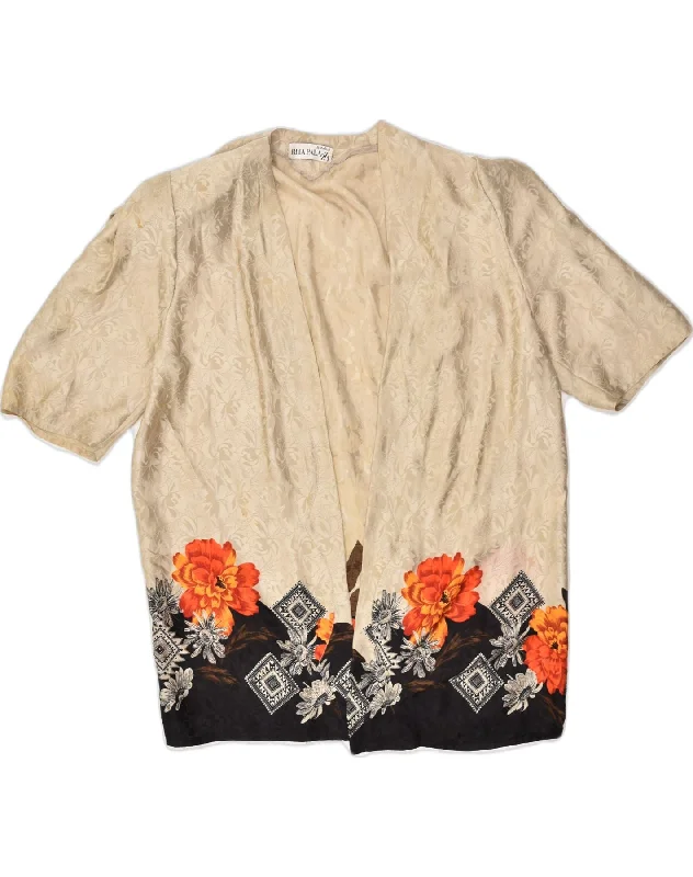 VINTAGE Womens Short Sleeve Cardigan Top UK 18 XL Beige Floral Silk Notch Collar Peter Pan Collar Cowl Neck VINTAGE Womens Short Sleeve Cardigan Top UK 18 XL Beige Floral Silk Notch Collar Peter Pan Collar Cowl Neck