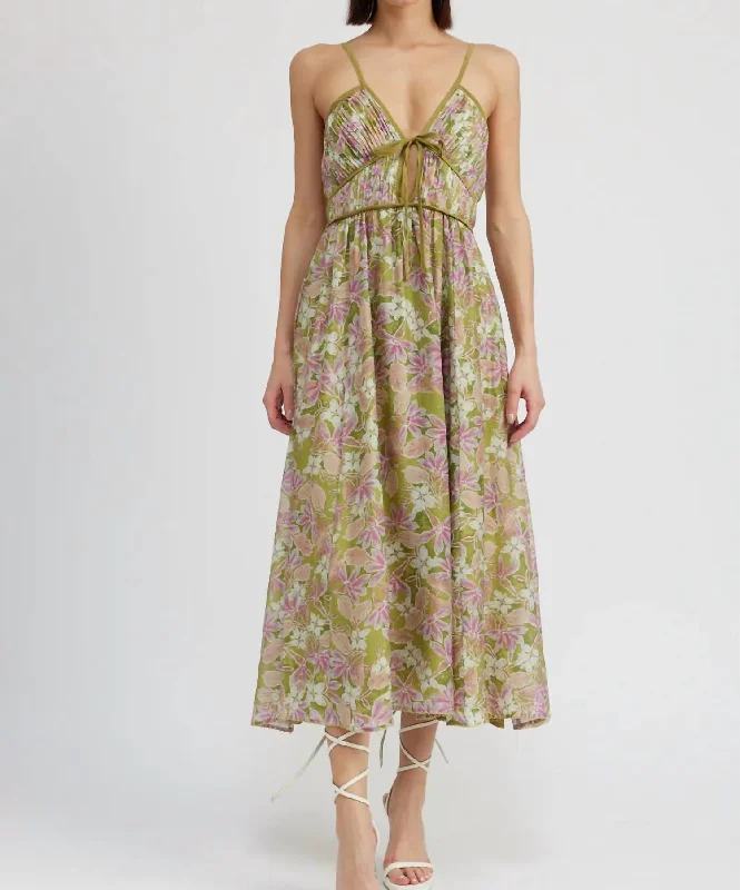 Sedna Floral Dress In Olive/pink