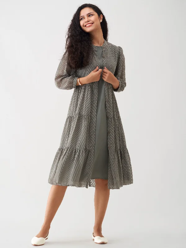 Davy Grey Crepe Chiffon Swiss Dot Boat Neck Tunic Top with Jacket Appliqued Jacket Beaded Jacket Sequined Jacket