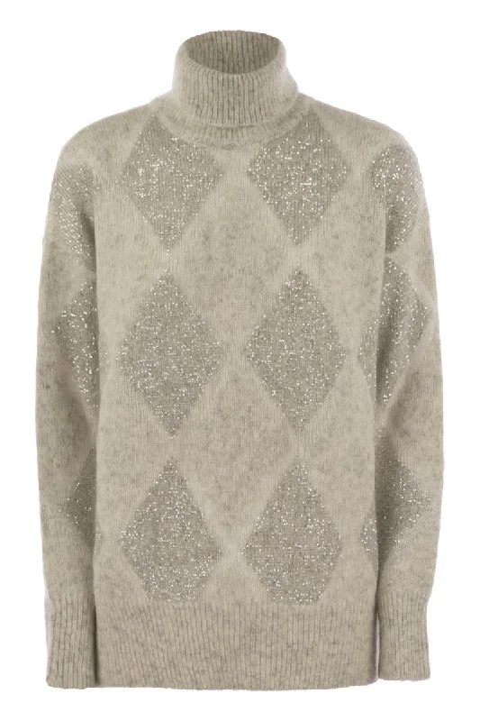 Dazzling Argyle turtleneck sweater in wool and mohair Beaded Sweater Sequined Faux Fur