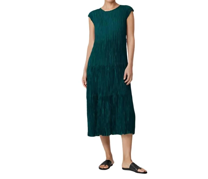 Jewel Neck Tiered Pleated Dress In Aegean