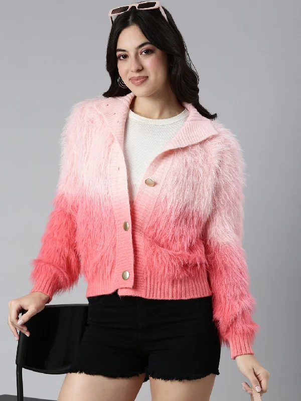 Women Colourblocked Peach Cardigan-CHN-399-Peach Solid Print Embellished