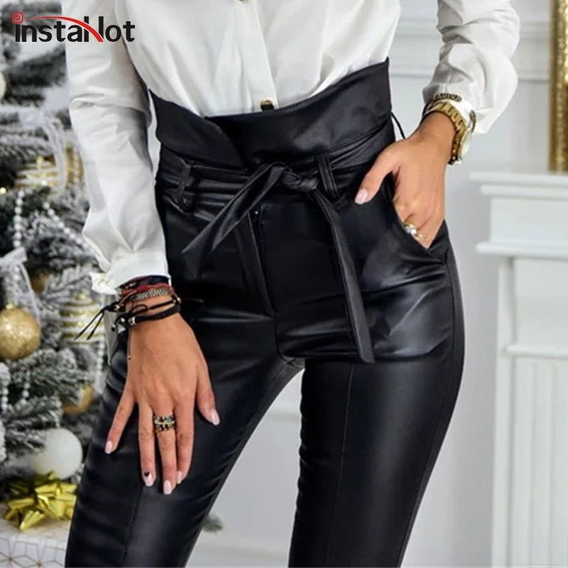 InstaHot Gold Black Belt High Waist Pencil Pant Women Faux Leather PU Sashes Long Trousers Casual Sexy Exclusive Design Fashion Trousers cozy comfortable