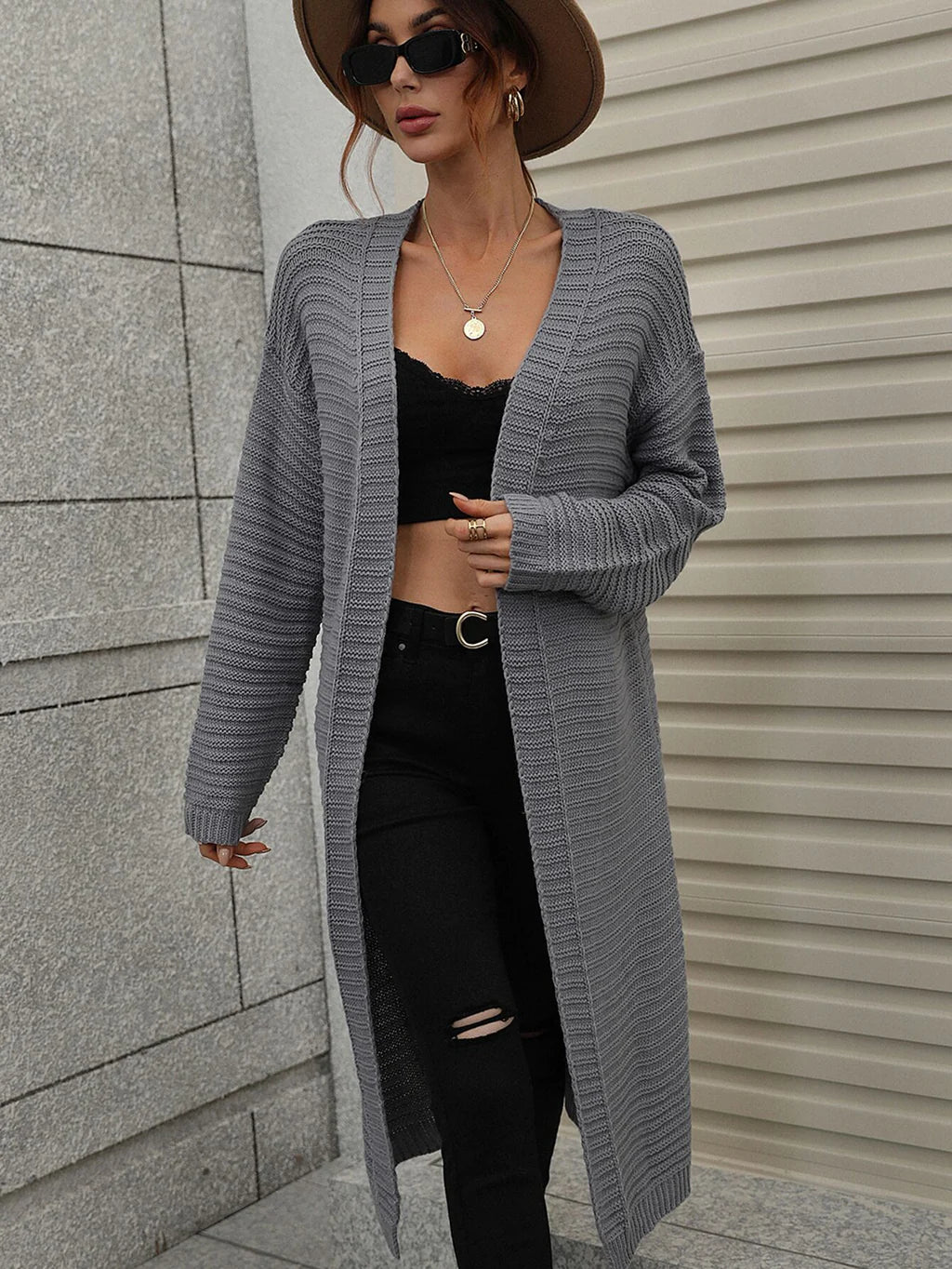 FASHION LONG CARDIGAN SOLID COLOR KNITTED SWEATER Striped Floral Plaid