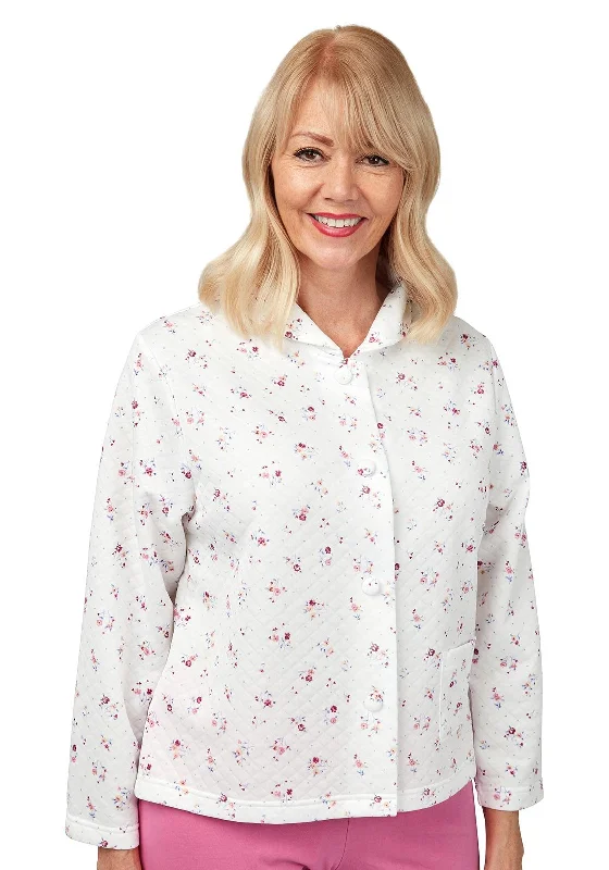 Marlon Quilted Floral Bed Jacket, Pink Denim Fabric Leather Fabric Suede Fabric
