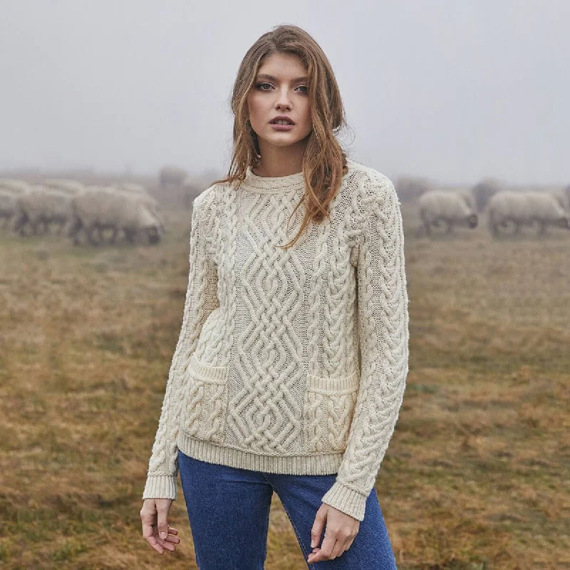 Women Crew Neck Irish Aran Sweater with Pockets Oversized Loose Flowy