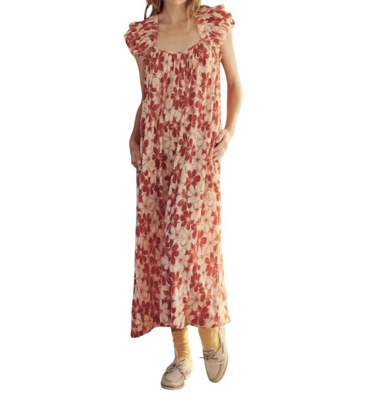 Cascade Dress In Burnt Red Hibiscus Flower