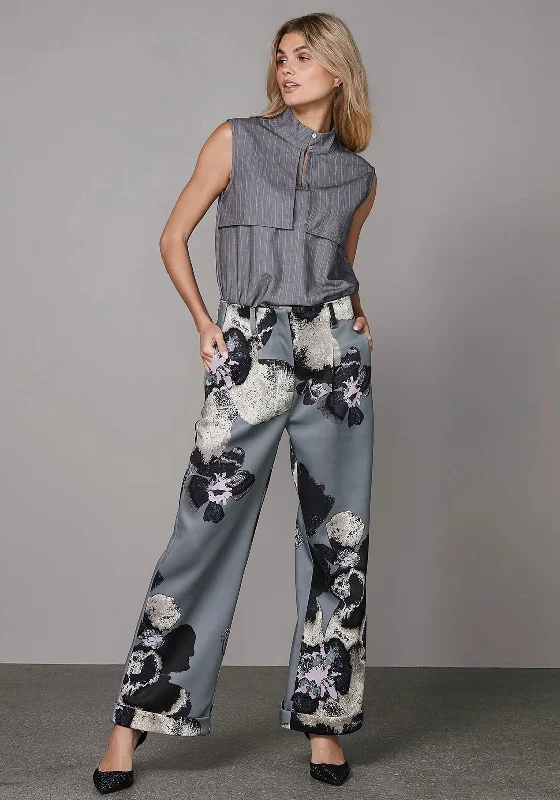 Nu Denmark Yoko Floral Print Trousers, Grey Trousers Silk Elegant