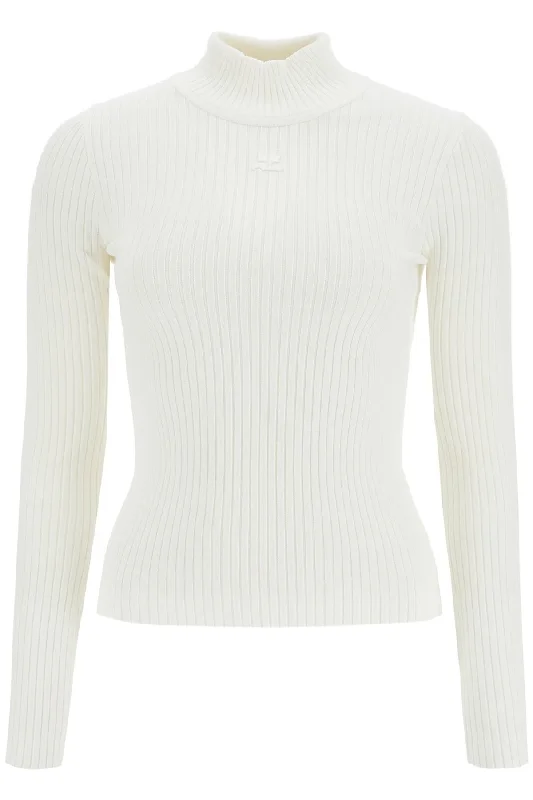 Re-edition Ribbed Funnel-neck Sweater  - White Jersey Fabric Tulle Fabric Batik Fabric