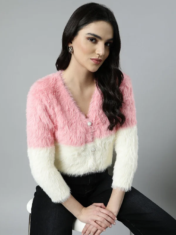 Women Colourblocked Crop Pink Cardigan-CHN-3988-Pink Sequined Glittery Shiny