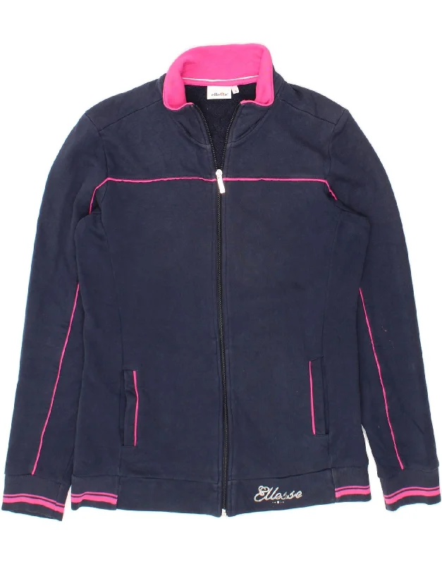 ELLESSE Womens Graphic Tracksuit Top Jacket UK 16 Large Navy Blue Cotton One-Shoulder Jacket Off-the-Shoulder Jacket Asymmetrical Jacket