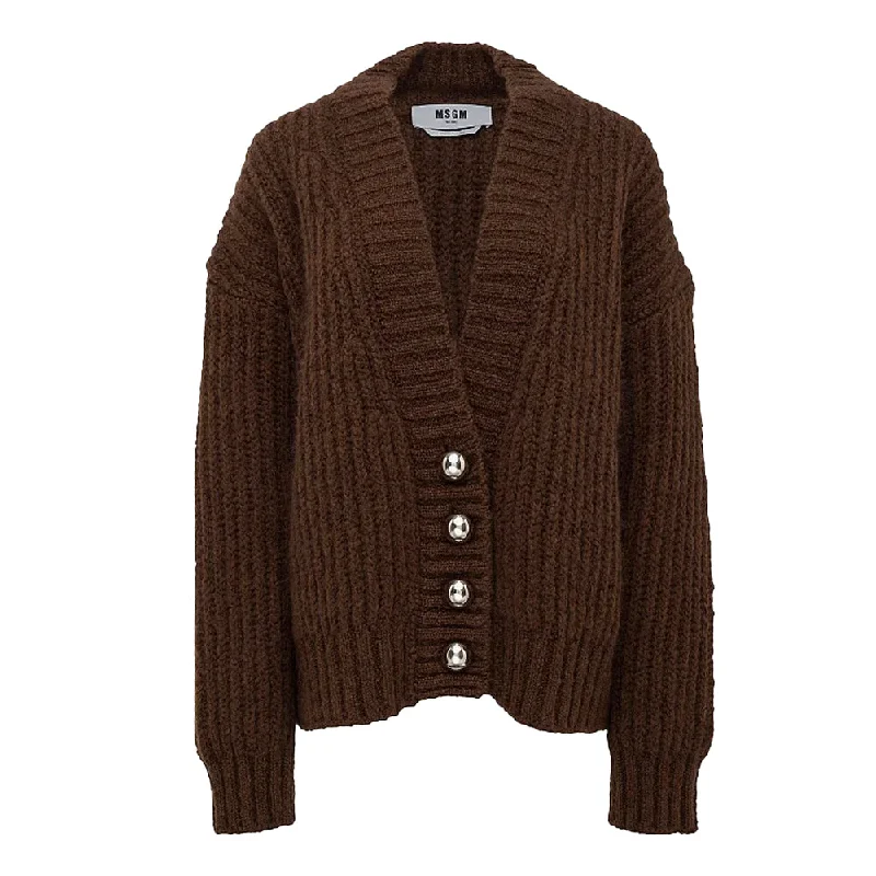 Msgm Maglia Cardigans Brown Denim Fabric Leather Fabric Suede Fabric