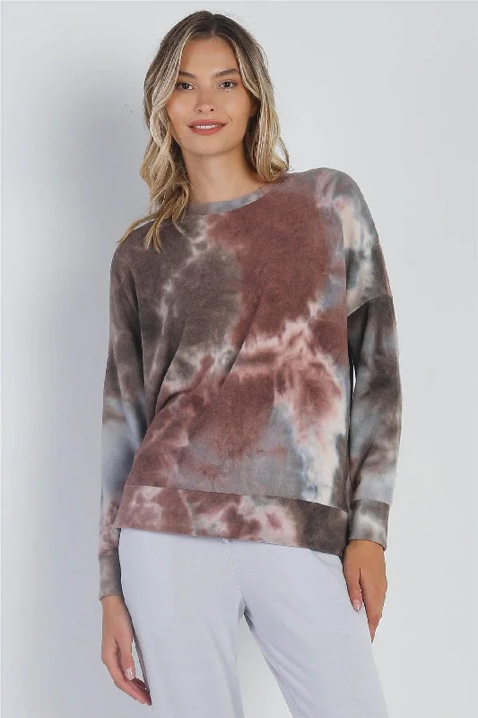 Brown Tie-Dye Crew Neck Long Sleeve Sweatshirt /1-1-1 Hoodie with Raglan Sleeves Sporty Comfortable Brown Tie-Dye Crew Neck Long Sleeve Sweatshirt /1-1-1 Hoodie with Raglan Sleeves Sporty Comfortable