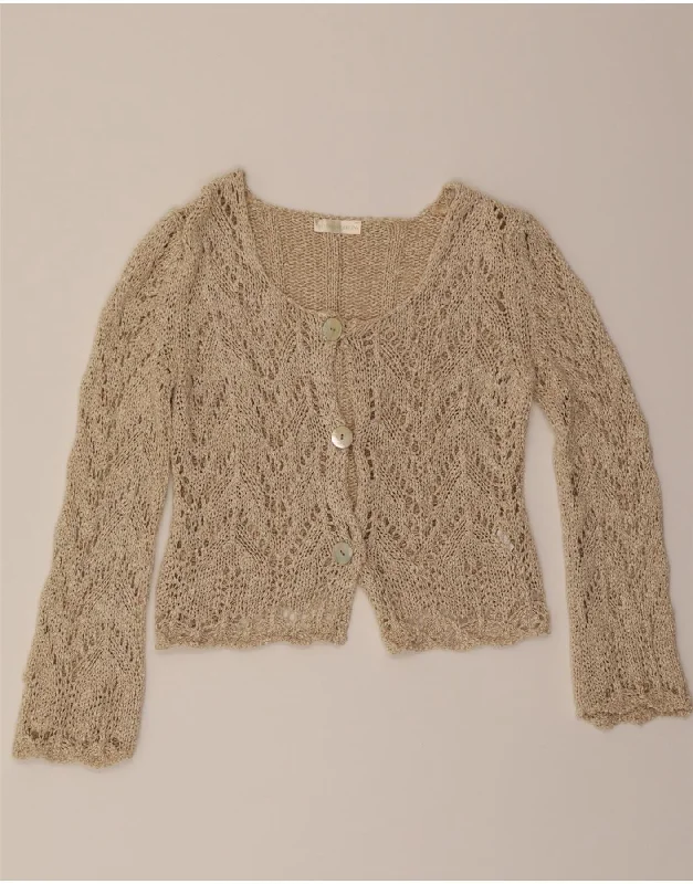 VINTAGE Womens Crop Crochet Cardigan Top UK 12 Medium Beige Cotton Layered Multi-layer Single Layer