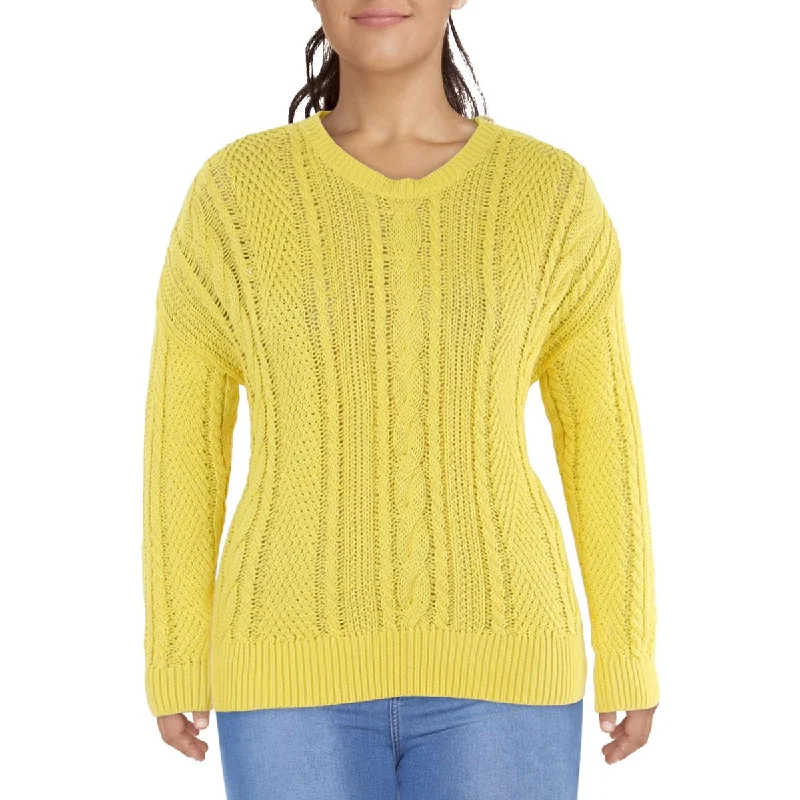 Plus Womens Knit Long Sleeves Pullover Sweater Cold Shoulder Design