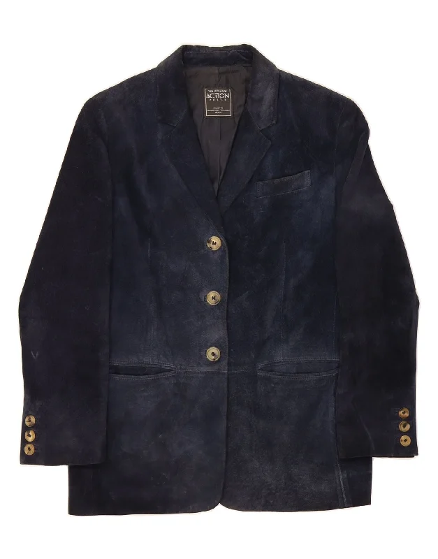 TRUSSARDI Womens Suede 3 Button Blazer Jacket IT 42 Medium Navy Blue Hooded Jacket Caped Jacket Shawl Collar Jacket