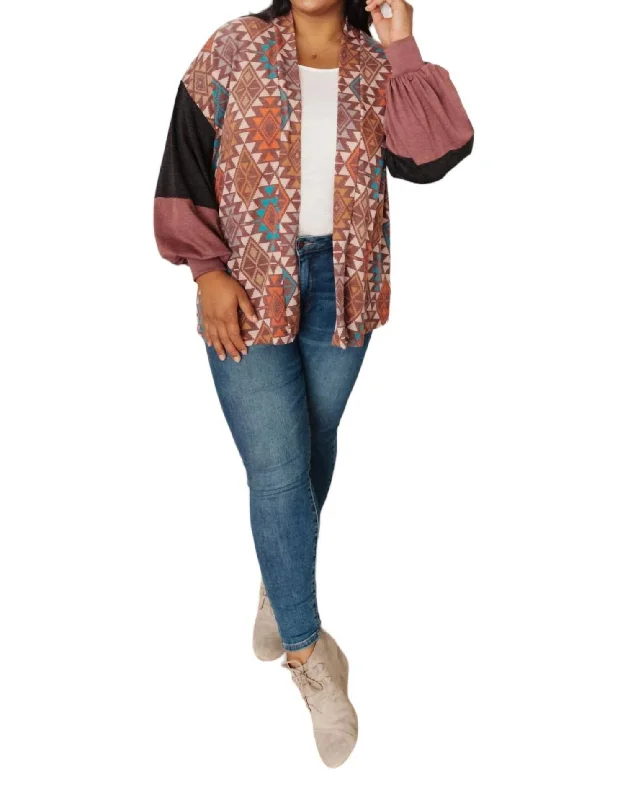 Jessie Mixed Print Cardigan In Brown Notch Collar Peter Pan Collar Cowl Neck