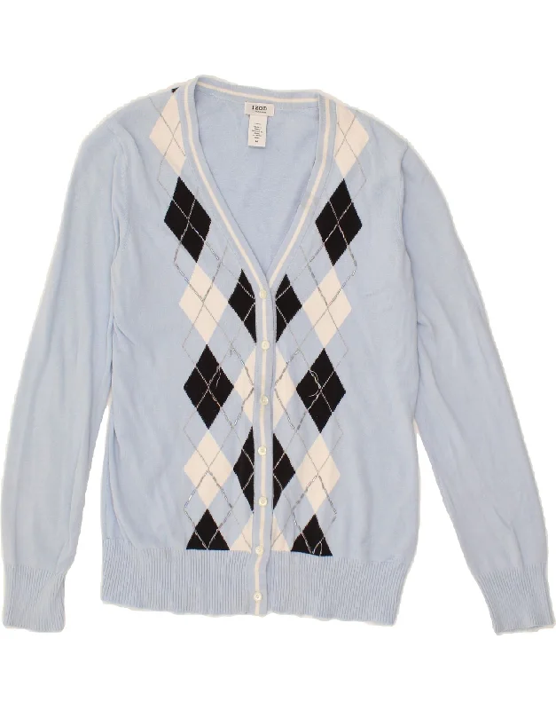 IZOD Womens Cardigan Sweater UK 12 Medium Blue Argyle/Diamond Cotton Glossy Satin Silk