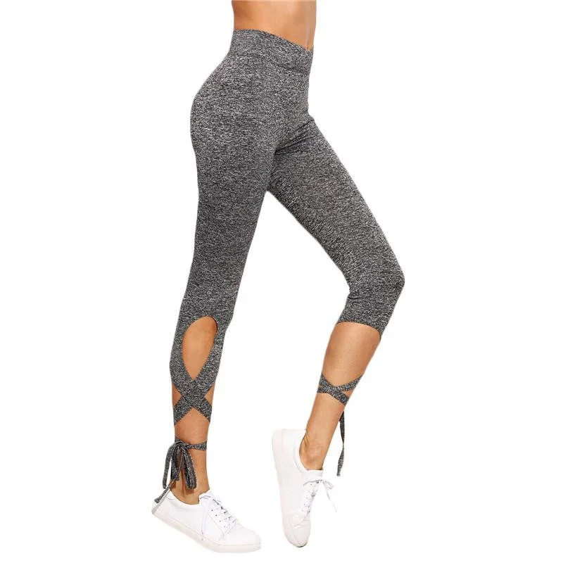 SheIn Women Pants Trousers For Ladies Style Plain Light Grey High Waist Crisscross Tie Fitness Elastic Leggings Trousers Sale Discount