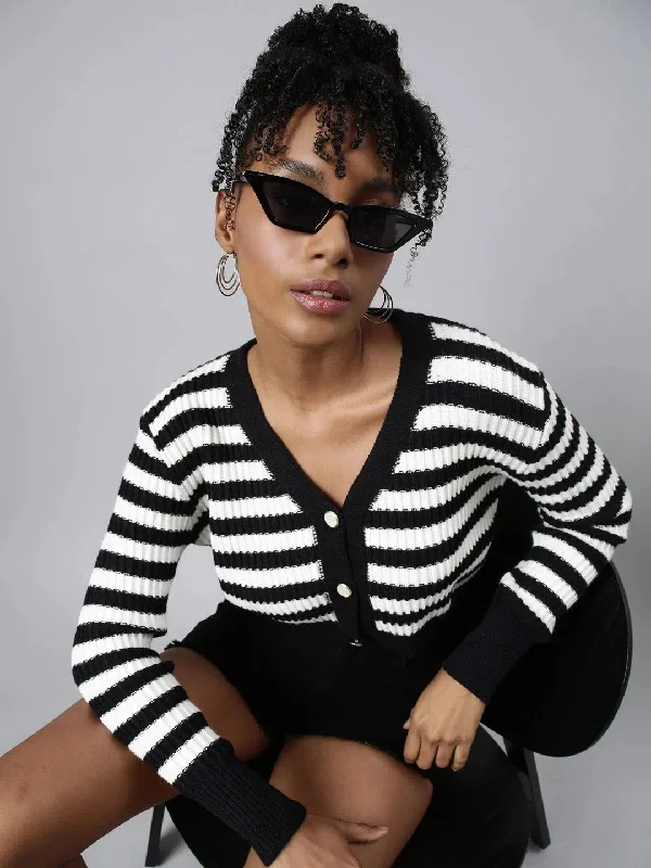 Women Striped Black Crop Cardigan-CHN-9988-Black Front Pockets Side Pockets Patch Pockets Women Striped Black Crop Cardigan-CHN-9988-Black Front Pockets Side Pockets Patch Pockets
