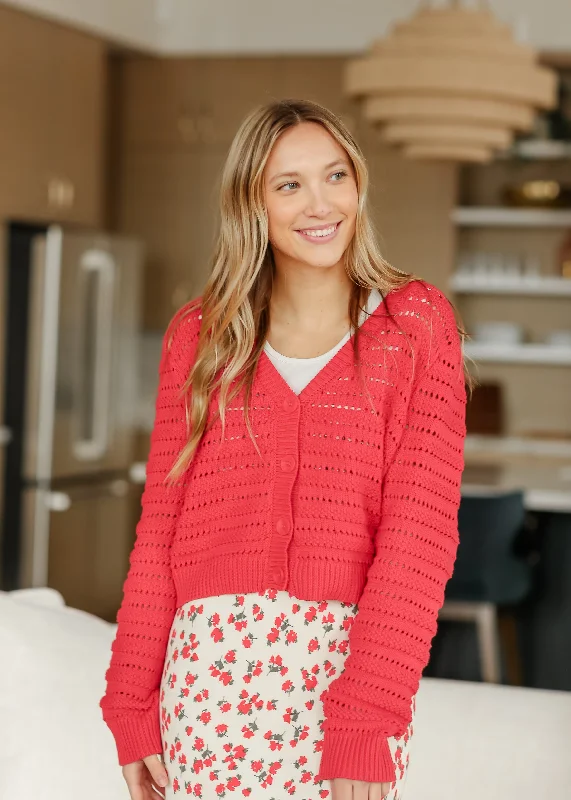 Romance Cherry Red Button Front Cardigan Herringbone Houndstooth Plaid