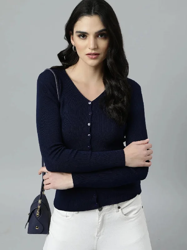 Women Solid Navy Blue Cardigan-111-Navyblue Zippered Buttoned Snapped