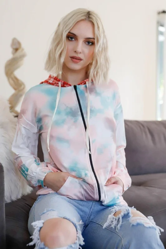 Dreamy Pastel Tie-Dye Plaid Accent Hoodie Hoodie with Contrast Stitching Detailed Premium Dreamy Pastel Tie-Dye Plaid Accent Hoodie Hoodie with Contrast Stitching Detailed Premium