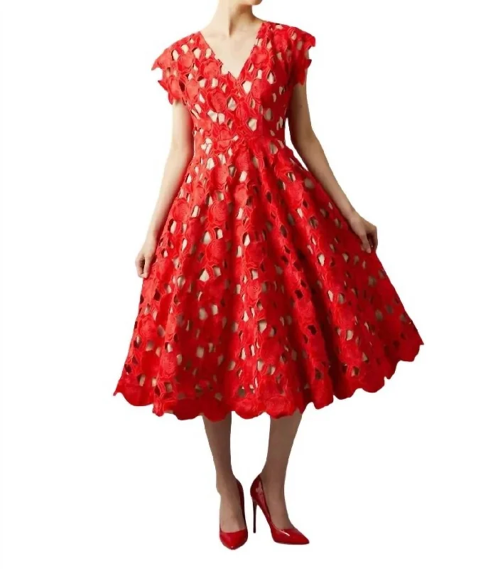Cut Work Frock Dress In Red